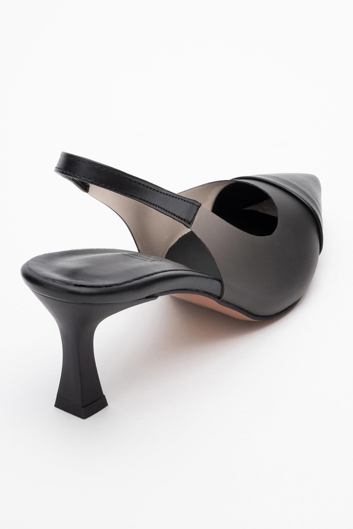 Moore - Black Transparent Open Back Pointed Toe Pump – heel view showing leather, black, Vowalisse