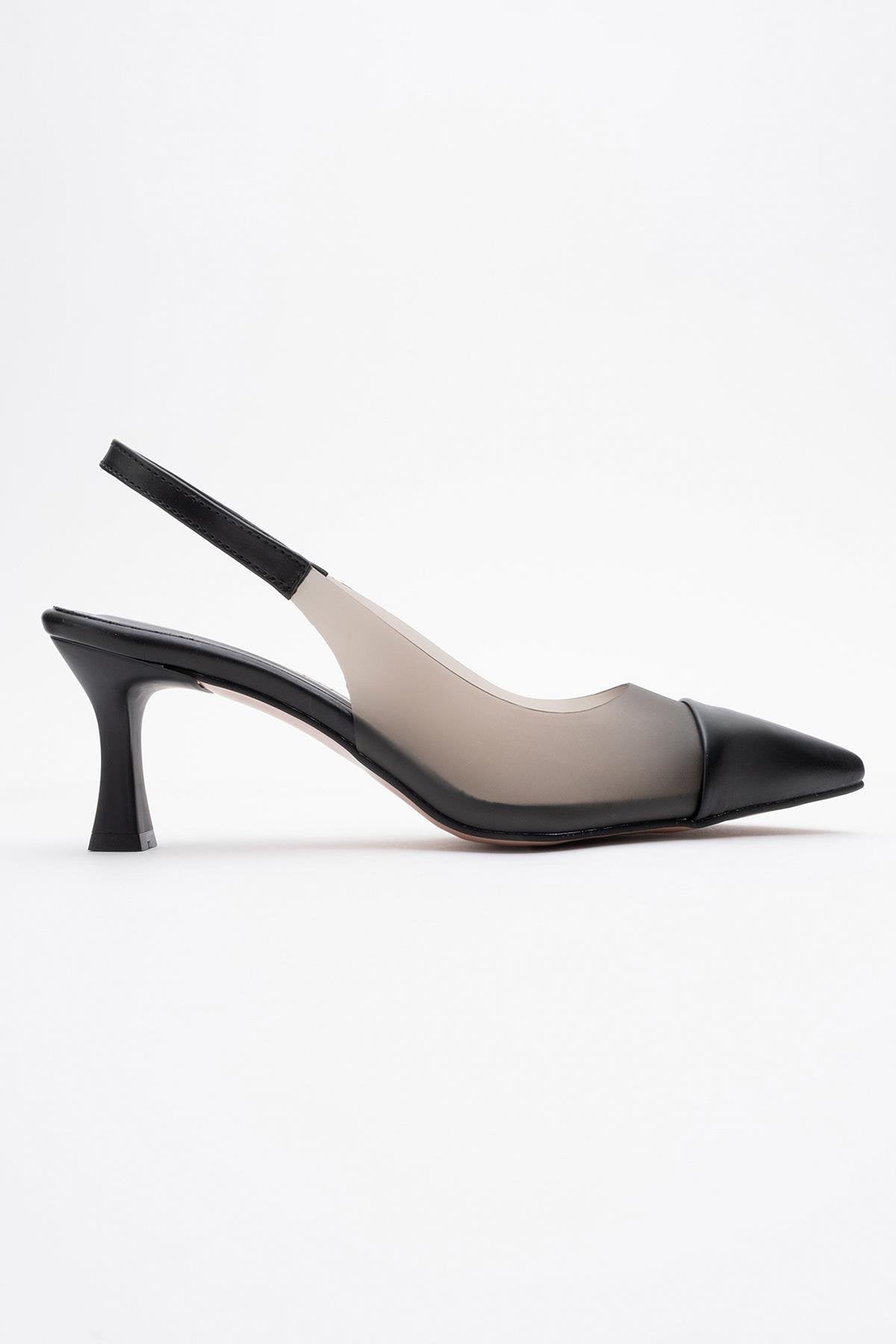 Moore - Black Transparent Open Back Pointed Toe Pump – back view showing leather, black, Vowalisse