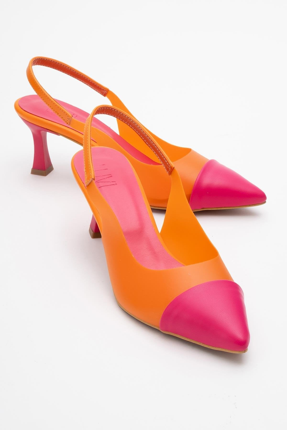 Moore - Orange-Fuchsia Transparent Open Back Pointed Toe Pump – front three-quarter view showing leather, Vowalisse