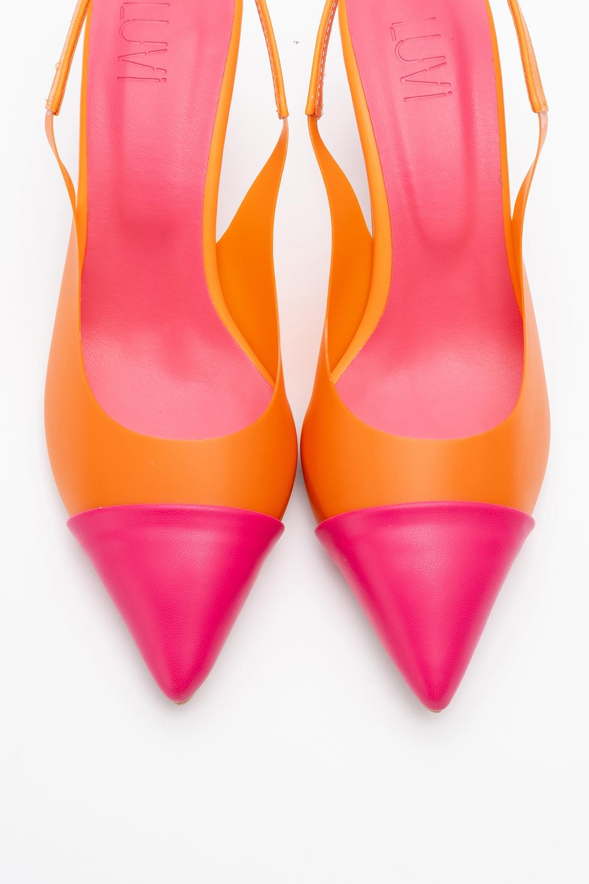 Moore - Orange-Fuchsia Transparent Open Back Pointed Toe Pump – side view showing leather, Vowalisse