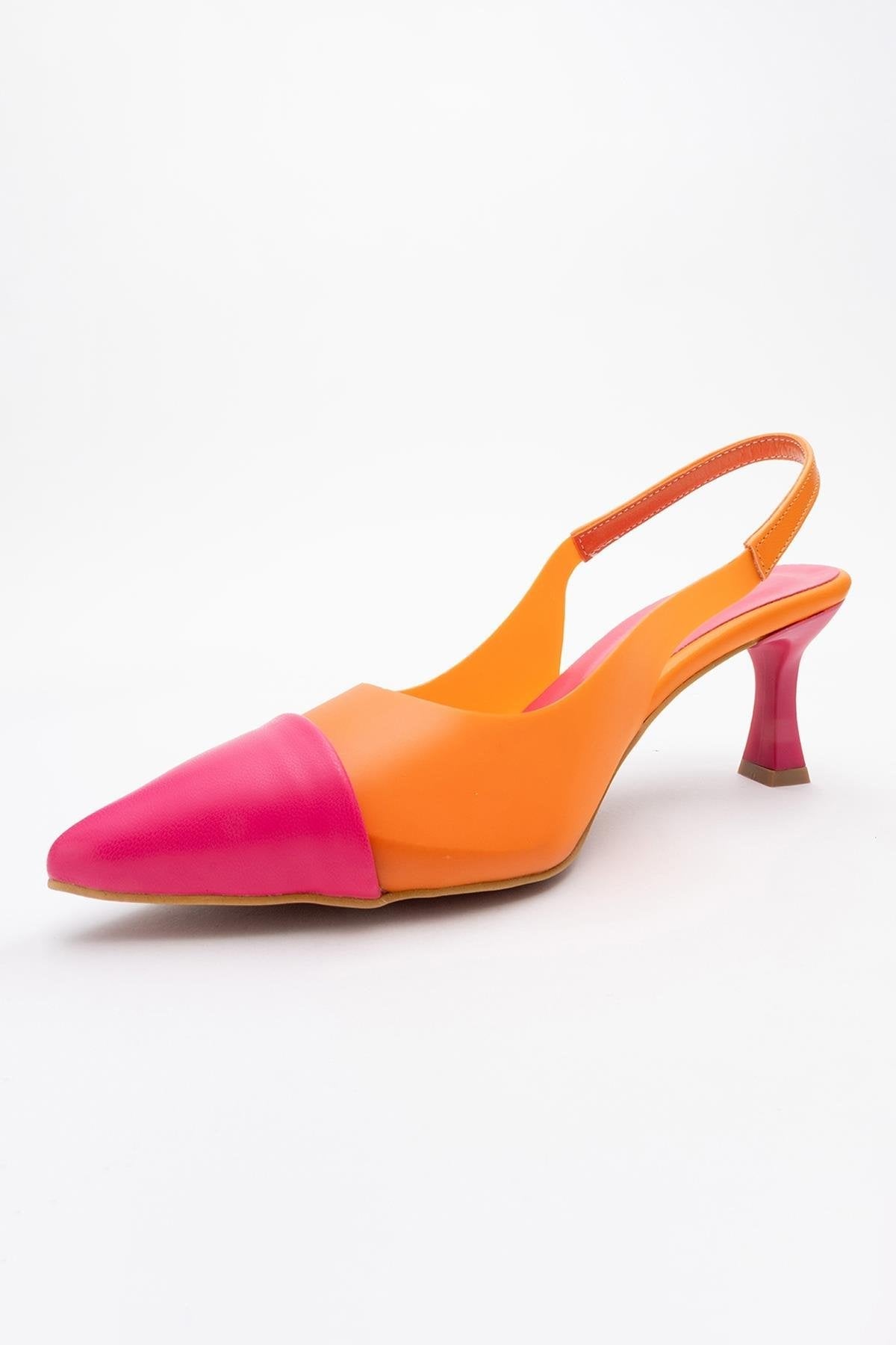 Moore - Orange-Fuchsia Transparent Open Back Pointed Toe Pump – detail view showing leather, Vowalisse