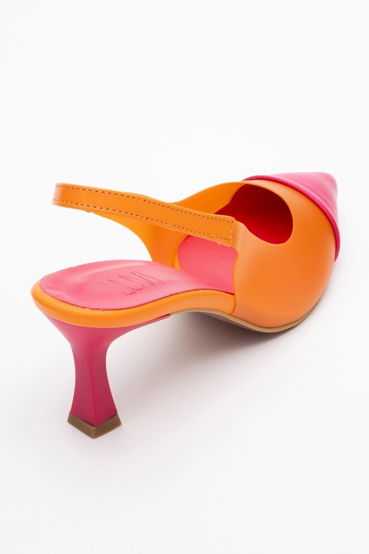 Moore - Orange-Fuchsia Transparent Open Back Pointed Toe Pump – heel view showing leather, Vowalisse