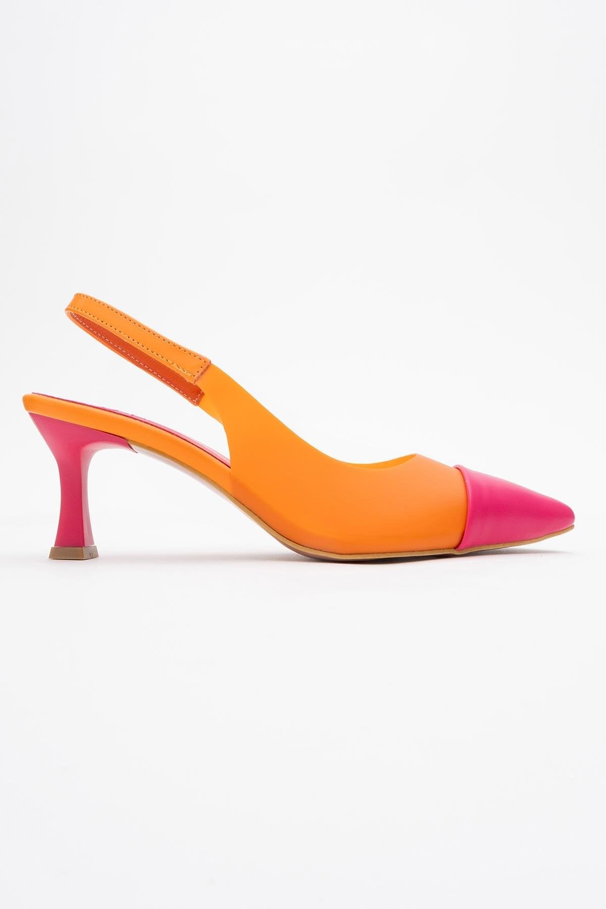 Moore - Orange-Fuchsia Transparent Open Back Pointed Toe Pump – back view showing leather, Vowalisse