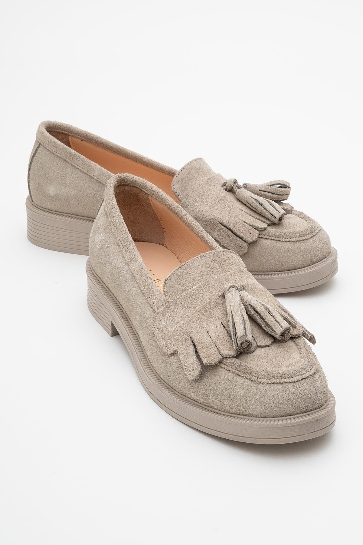 Milly - Beige Suede Leather Tassel Loafers – front three-quarter view showing leather, suede, red, Vowalisse