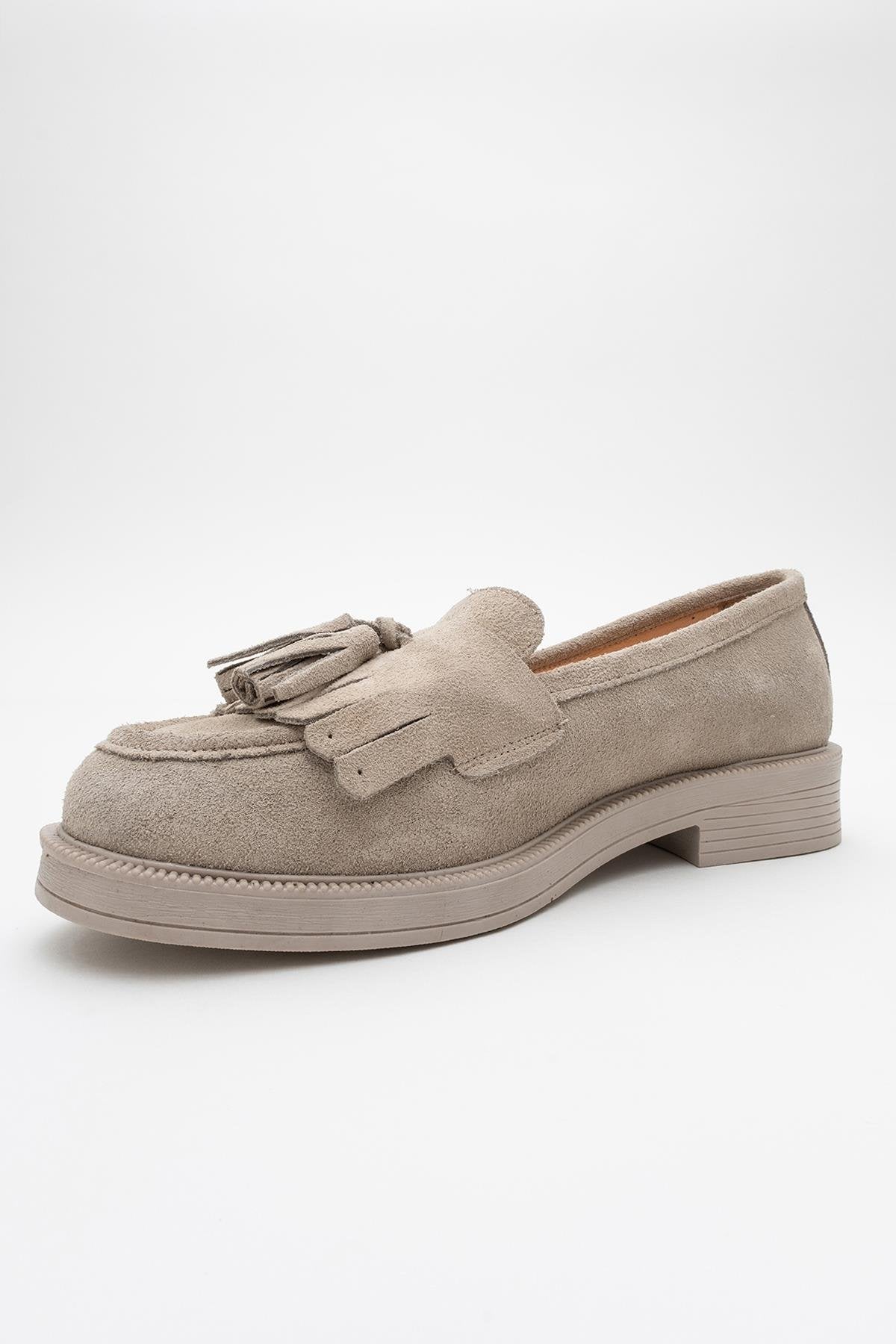 Milly - Beige Suede Leather Tassel Loafers – detail view showing leather, suede, red, Vowalisse