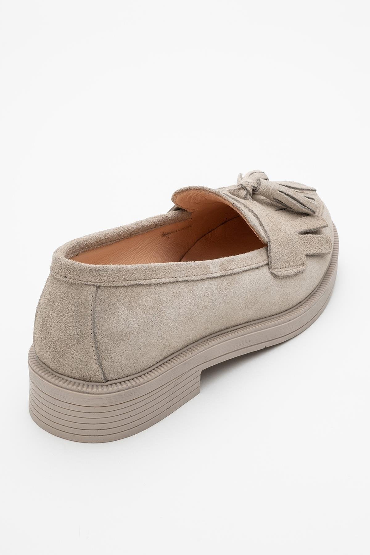 Milly - Beige Suede Leather Tassel Loafers – heel view showing leather, suede, red, Vowalisse