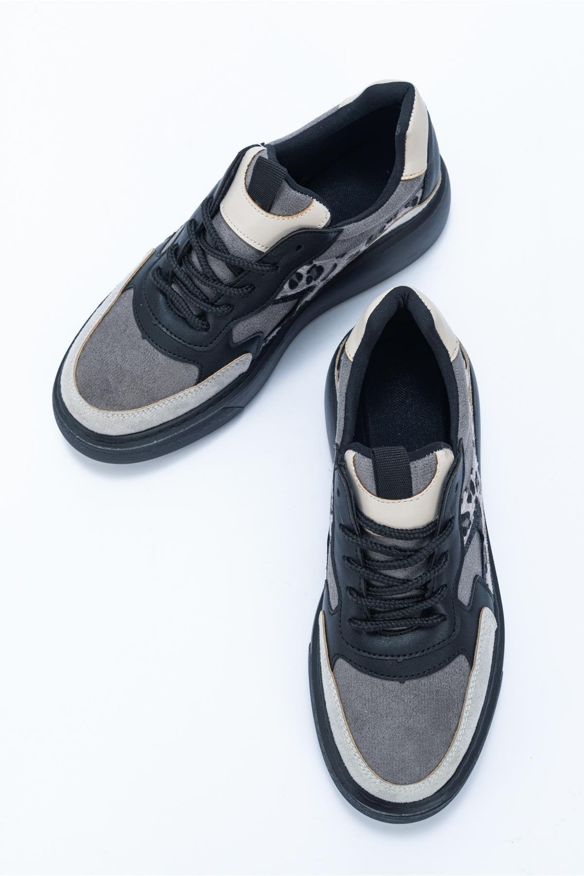 Ida - Dark Grey Platform Sneakers – detail view showing leather, Vowalisse