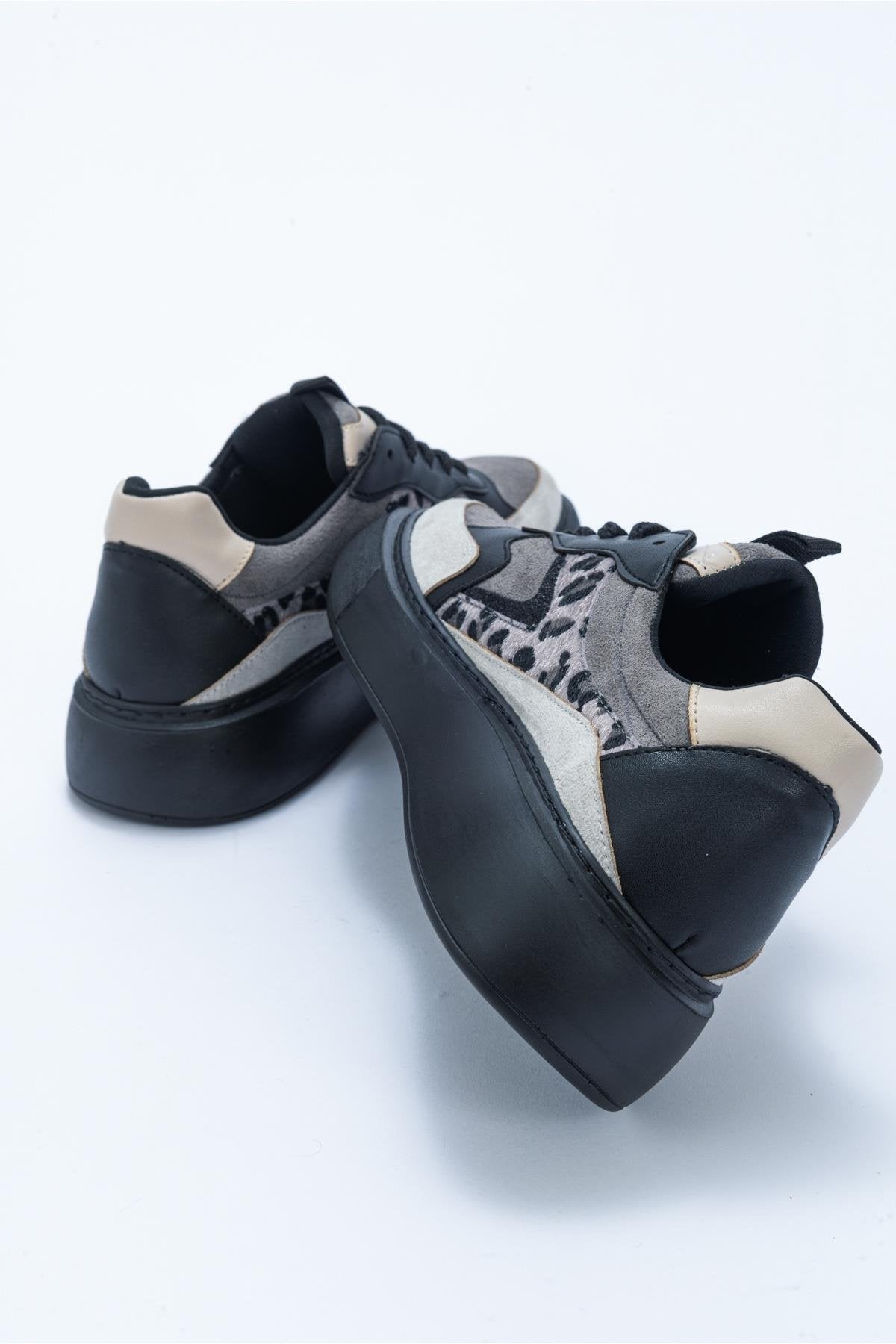 Ida - Dark Grey Platform Sneakers – back view showing leather, Vowalisse