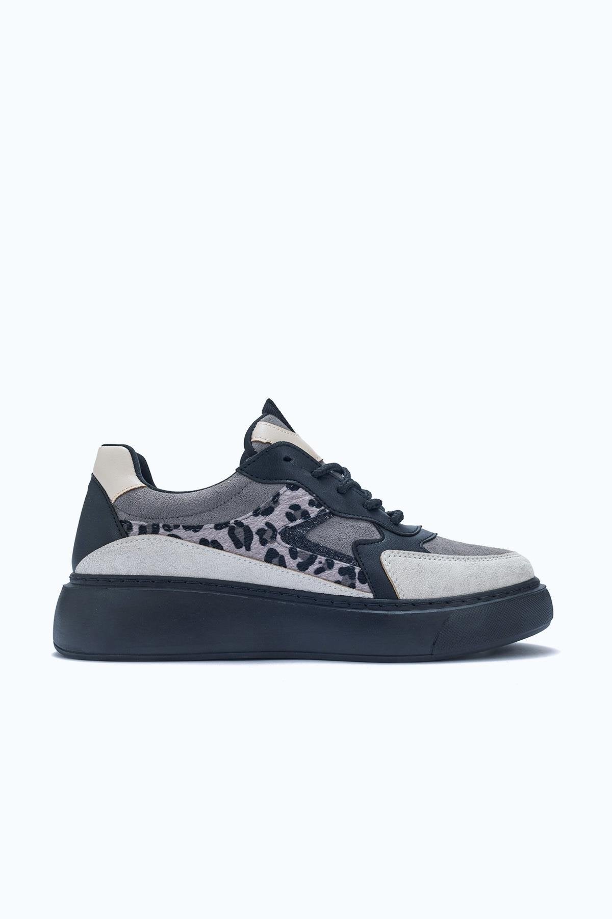 Ida - Dark Grey Platform Sneakers – top view showing leather, Vowalisse