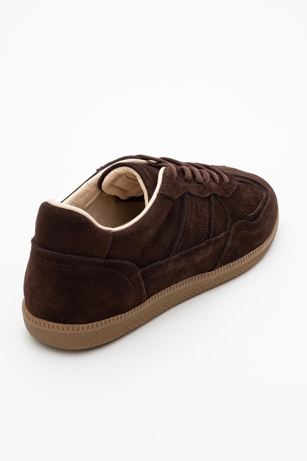 Shiva - Brown Suede Leather Sneakers – heel view showing leather, suede, Vowalisse