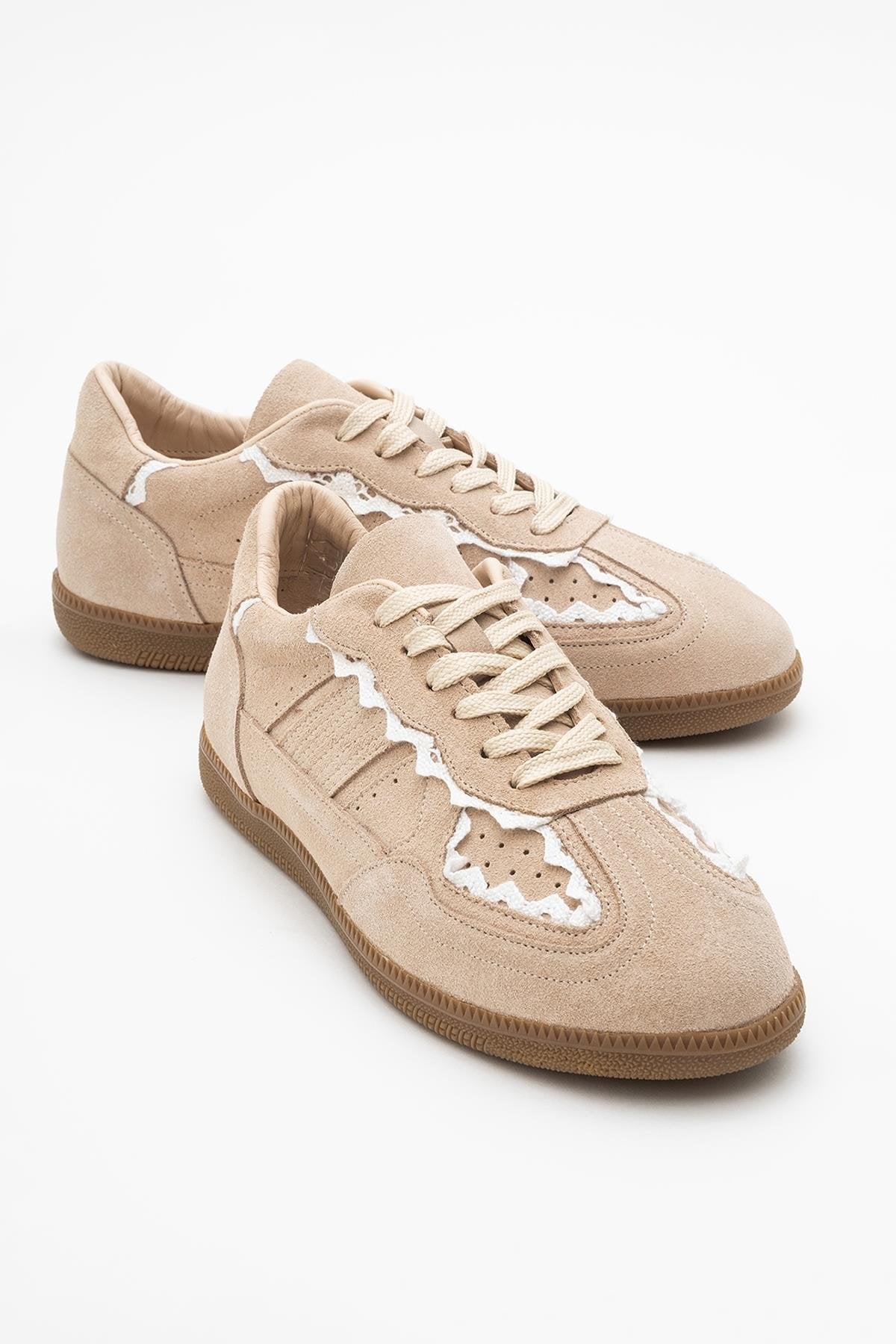 Shiva - Beige Suede Leather Sneakers – front three-quarter view showing leather, suede, Vowalisse
