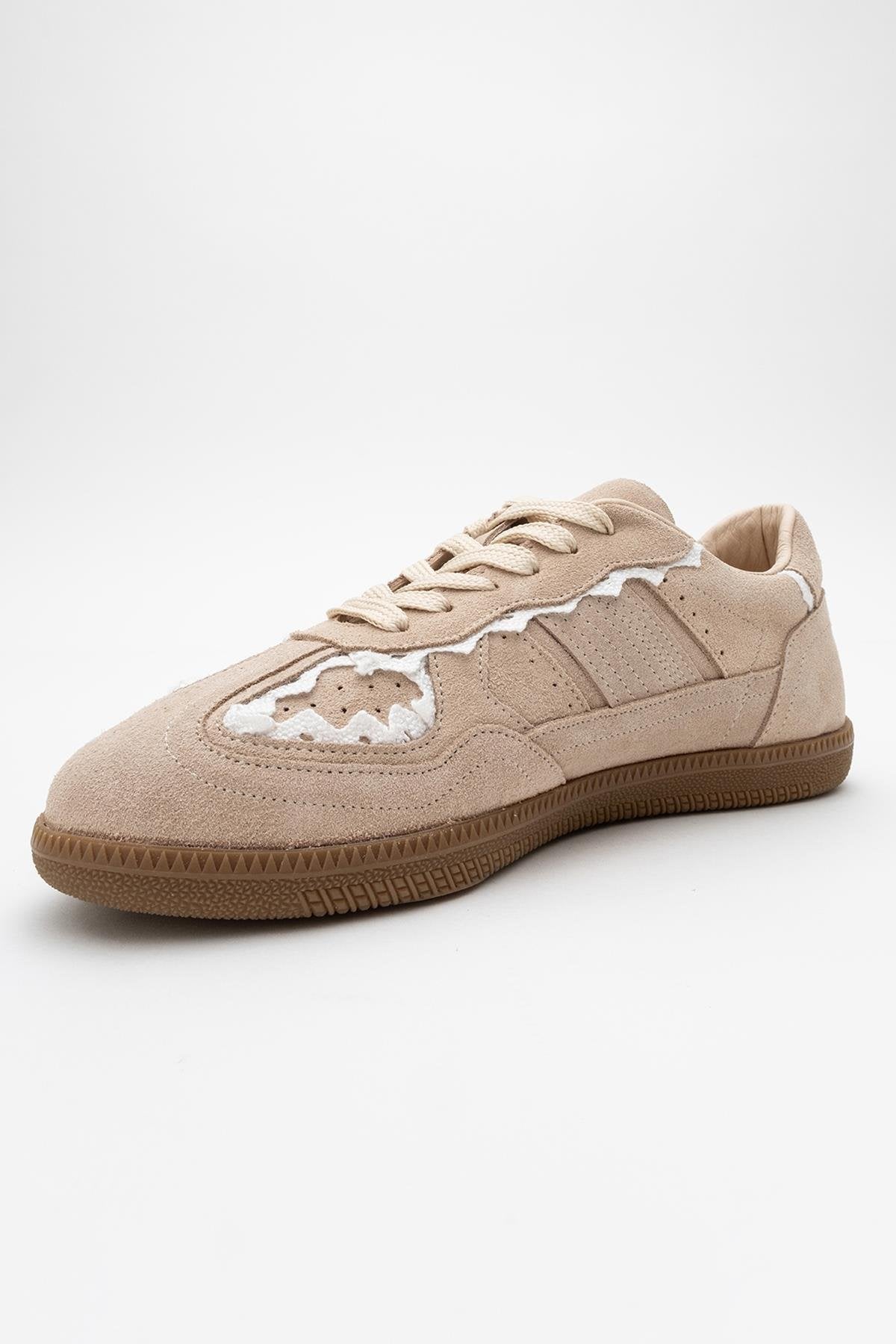 Shiva - Beige Suede Leather Sneakers – detail view showing leather, suede, Vowalisse