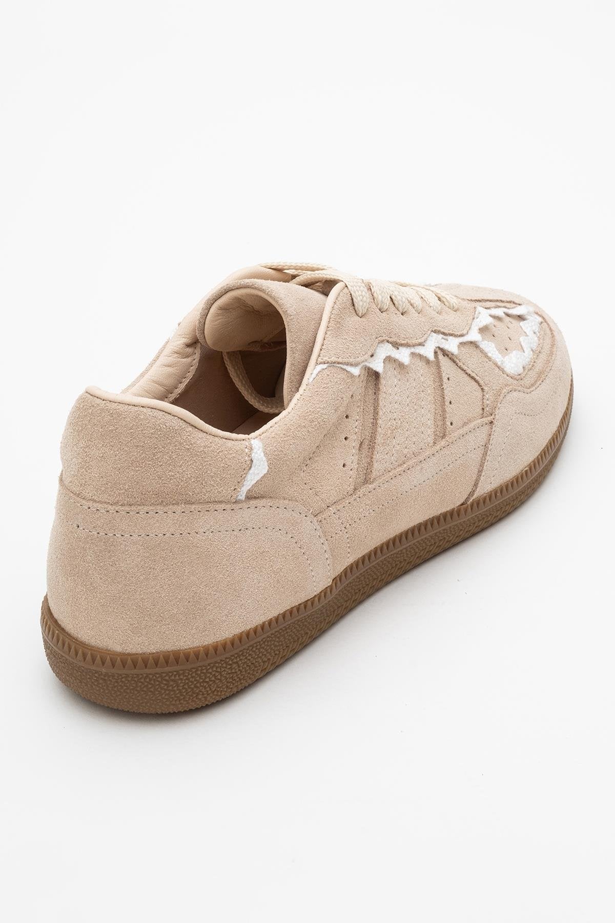 Shiva - Beige Suede Leather Sneakers – heel view showing leather, suede, Vowalisse