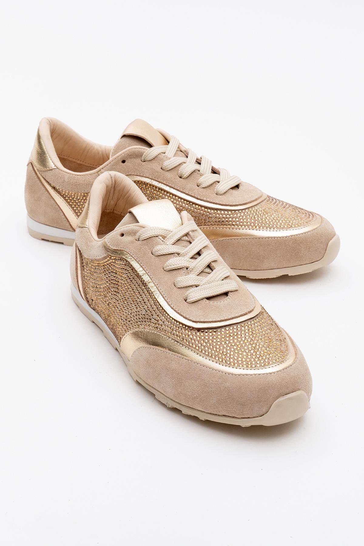 Bonia - Beige Suede Rhinestone Leather Sneakers – front three-quarter view showing rhinestone, crystal, leather, Vowalisse