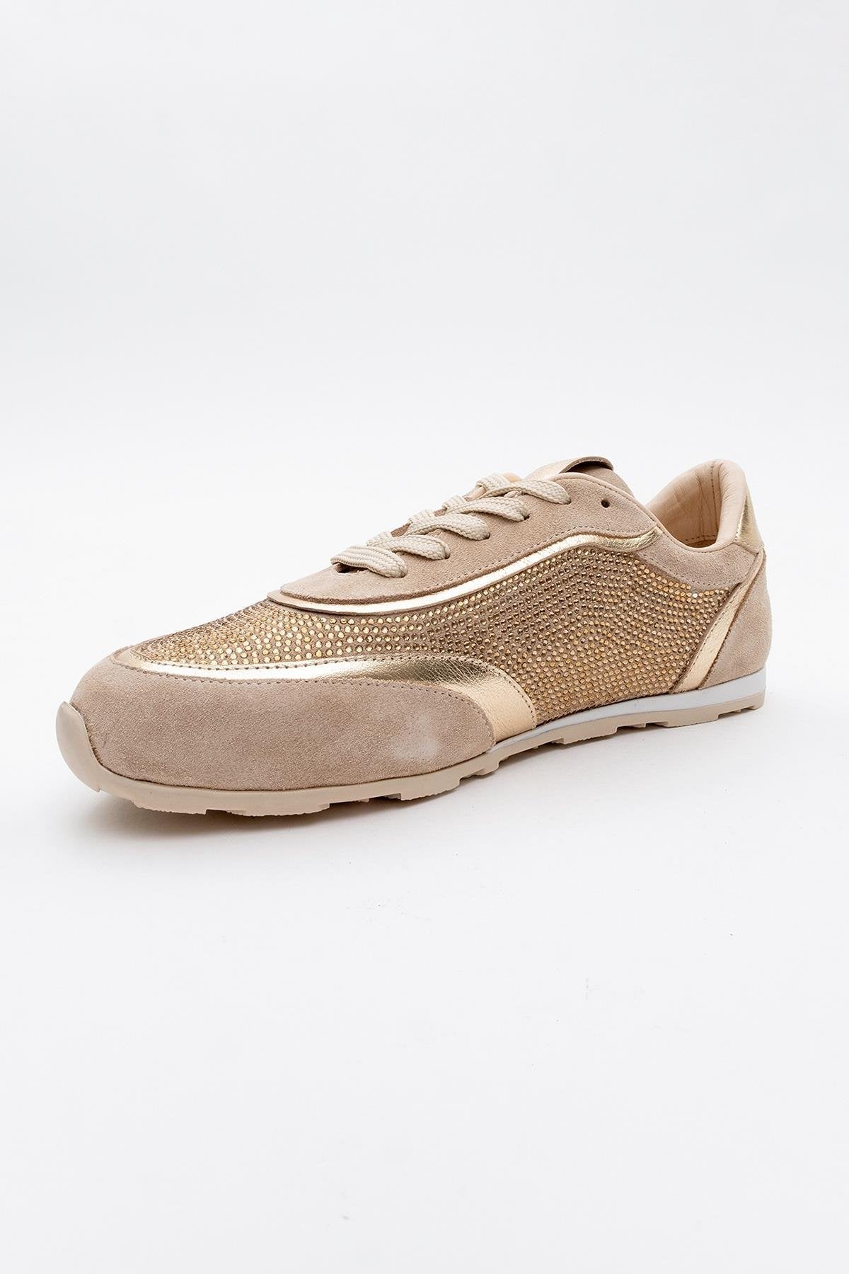 Bonia - Beige Suede Rhinestone Leather Sneakers – detail view showing rhinestone, crystal, leather, Vowalisse