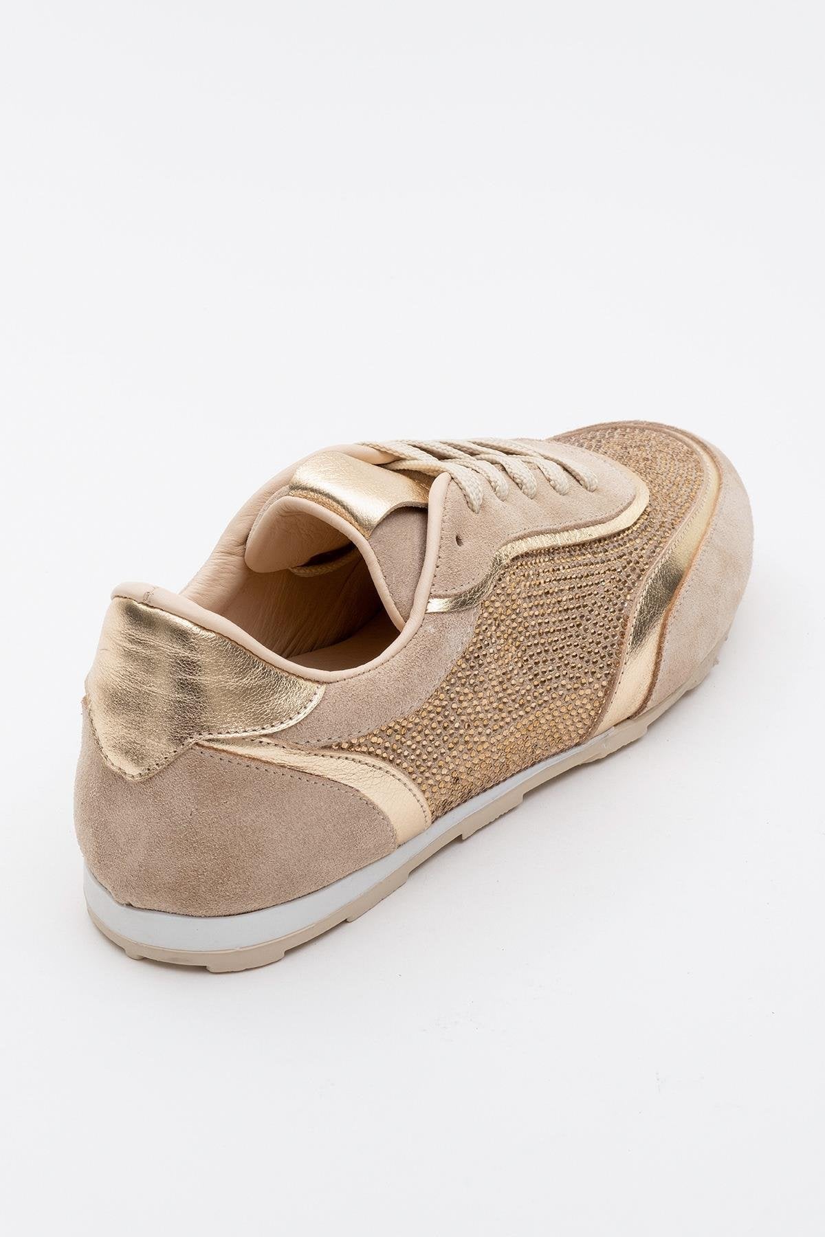 Bonia - Beige Suede Rhinestone Leather Sneakers – heel view showing rhinestone, crystal, leather, Vowalisse
