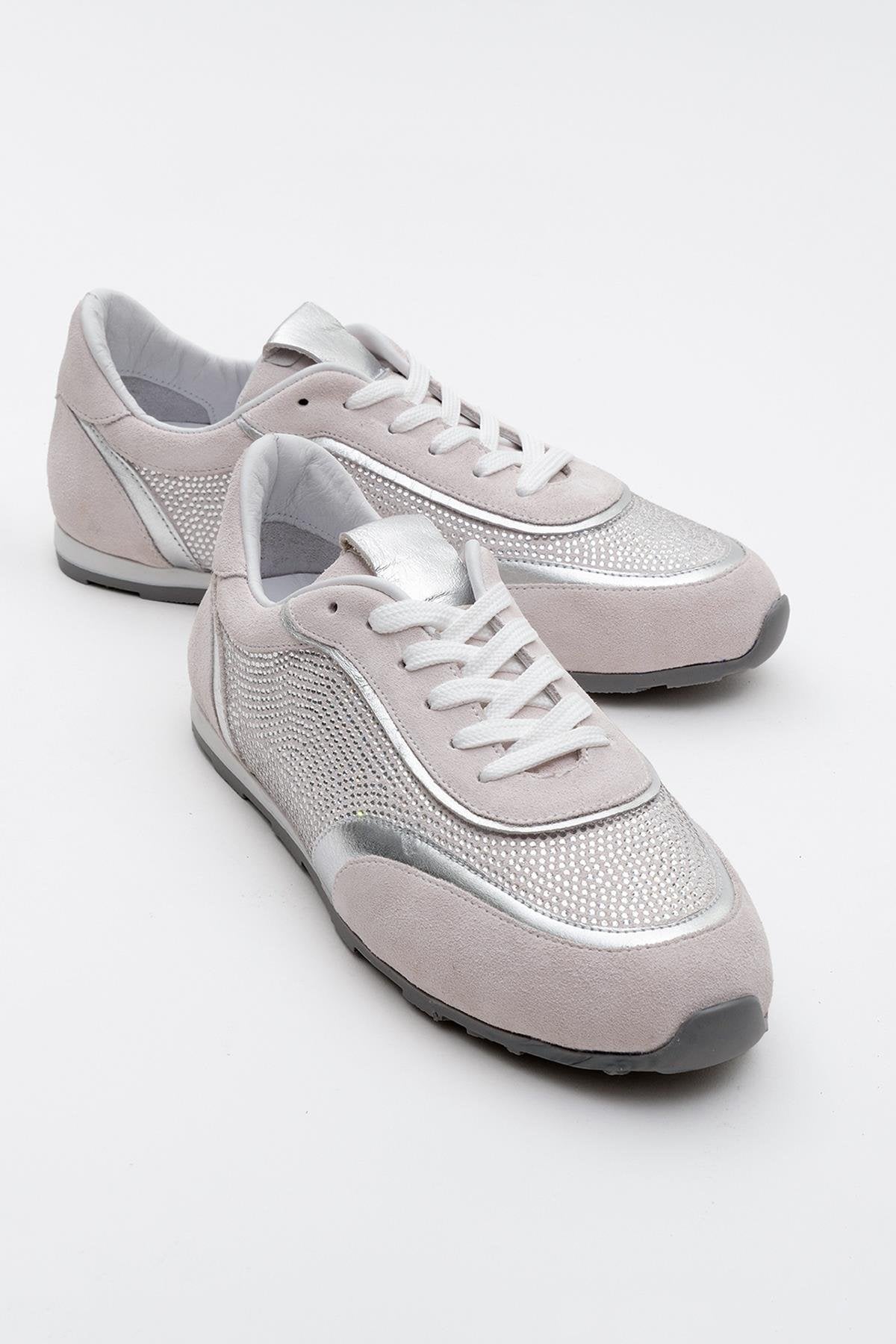 Bonia - Powder Pink Suede Rhinestone Leather Sneakers – front three-quarter view showing rhinestone, crystal, leather…
