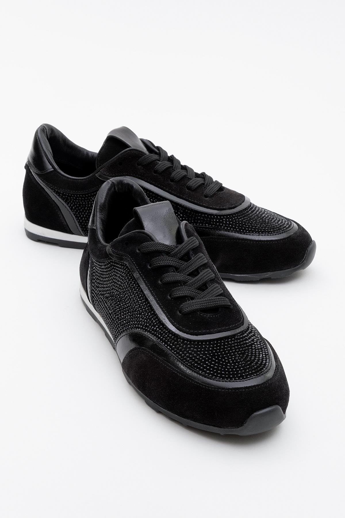 Bonia - Black Suede Rhinestone Leather Sneakers – front three-quarter view showing rhinestone, crystal, leather, Vowalisse