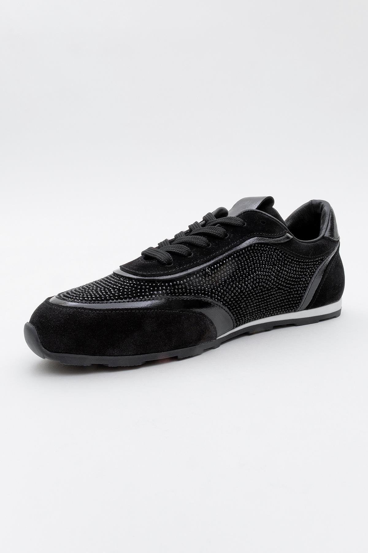 Bonia - Black Suede Rhinestone Leather Sneakers – detail view showing rhinestone, crystal, leather, Vowalisse