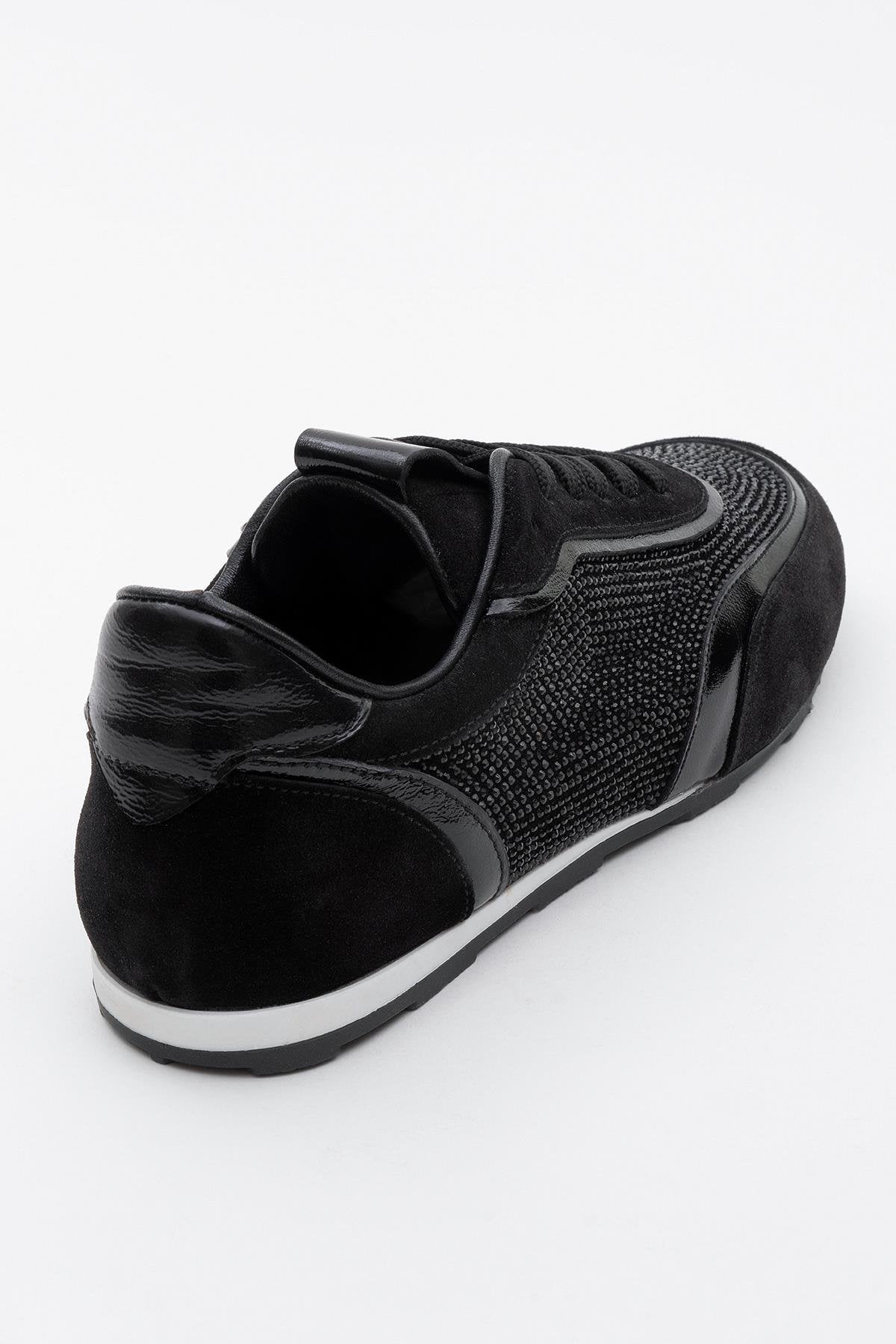Bonia - Black Suede Rhinestone Leather Sneakers – heel view showing rhinestone, crystal, leather, Vowalisse