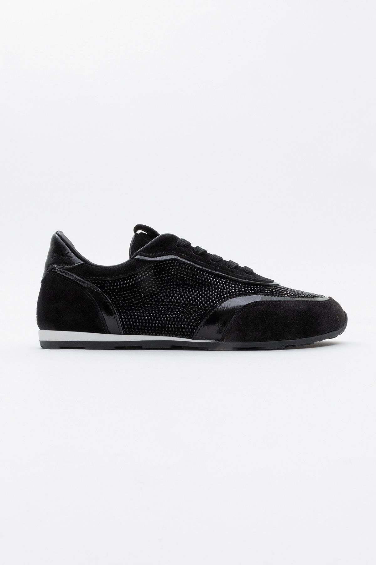 Bonia - Black Suede Rhinestone Leather Sneakers – back view showing rhinestone, crystal, leather, Vowalisse