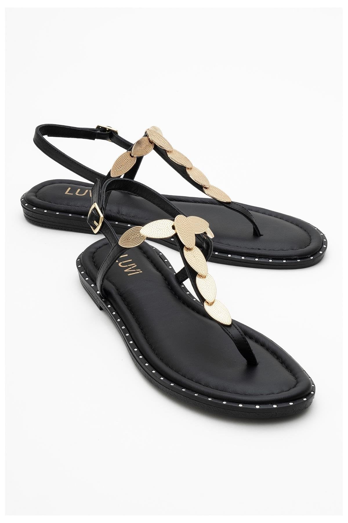 Marea - Black Leather Flat Sandal – front three-quarter view showing leather, black, Vowalisse