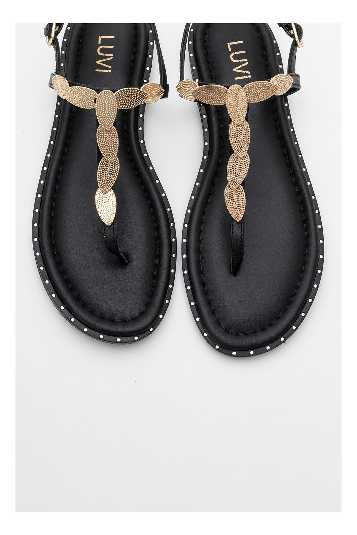 Marea - Black Leather Flat Sandal – side view showing leather, black, Vowalisse