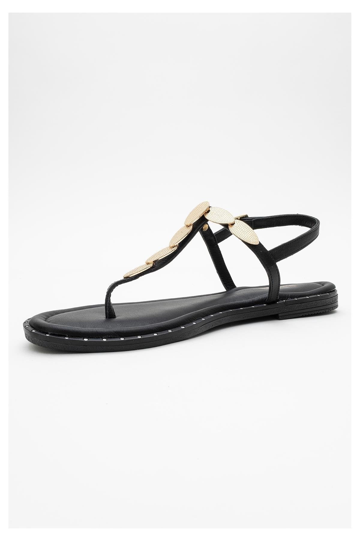 Marea - Black Leather Flat Sandal – detail view showing leather, black, Vowalisse