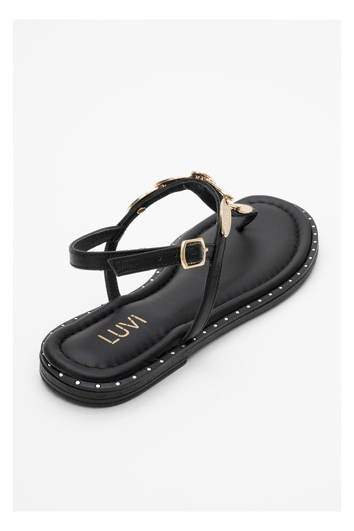 Marea - Black Leather Flat Sandal – heel view showing leather, black, Vowalisse