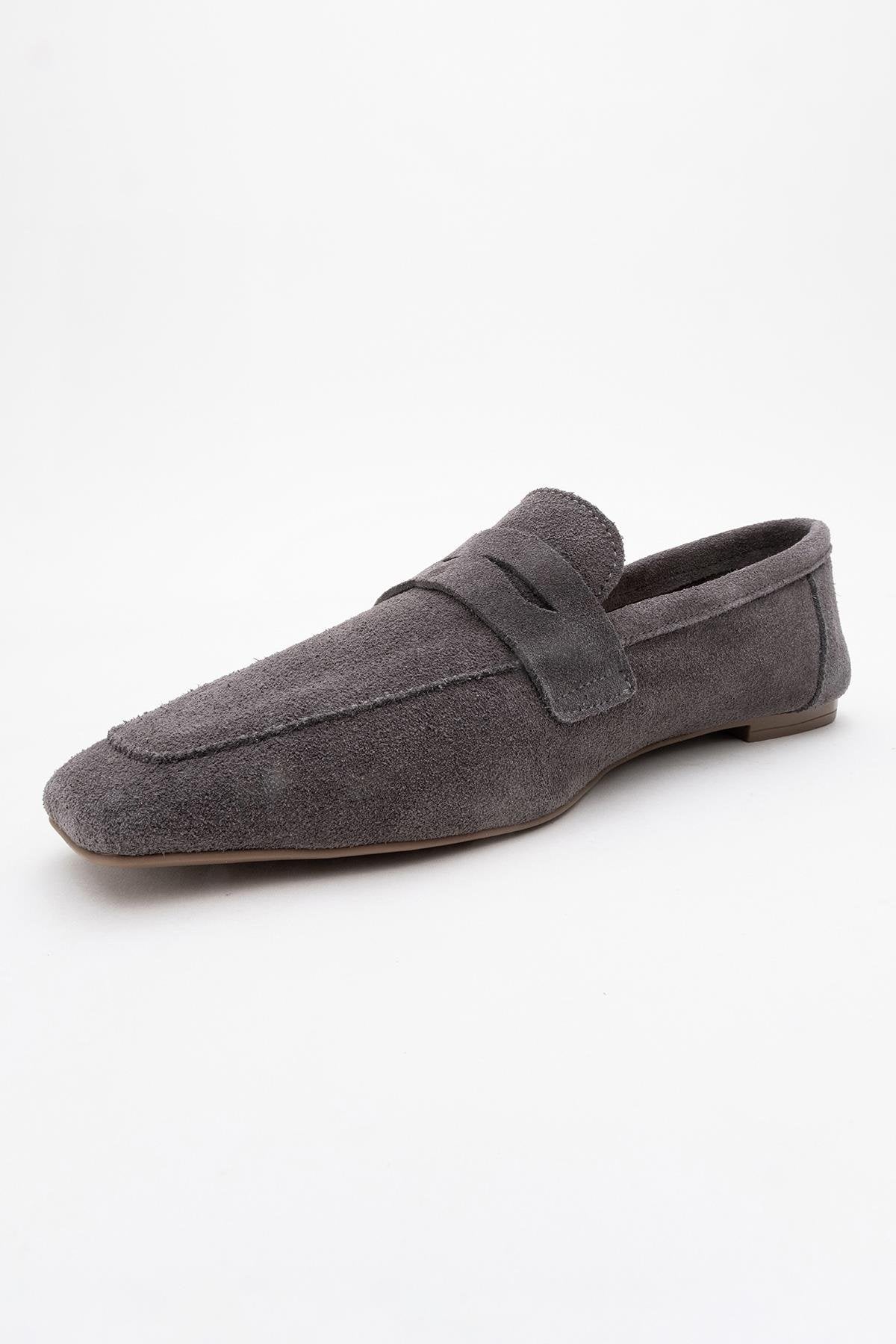 Morne - Gray Suede Leather Loafers – heel view showing leather, suede, Vowalisse