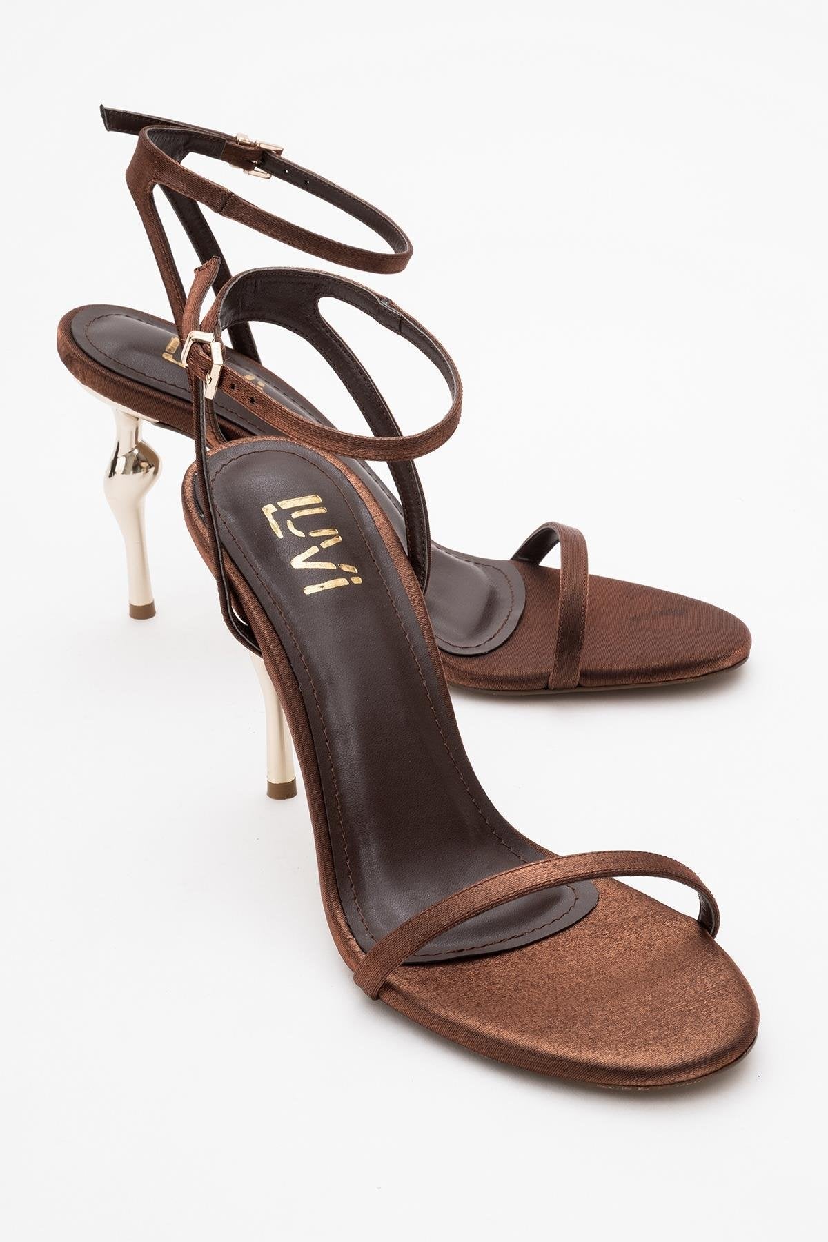 Jasmin - Cognac Satin Stiletto Pump – front three-quarter view showing satin, leather, Vowalisse