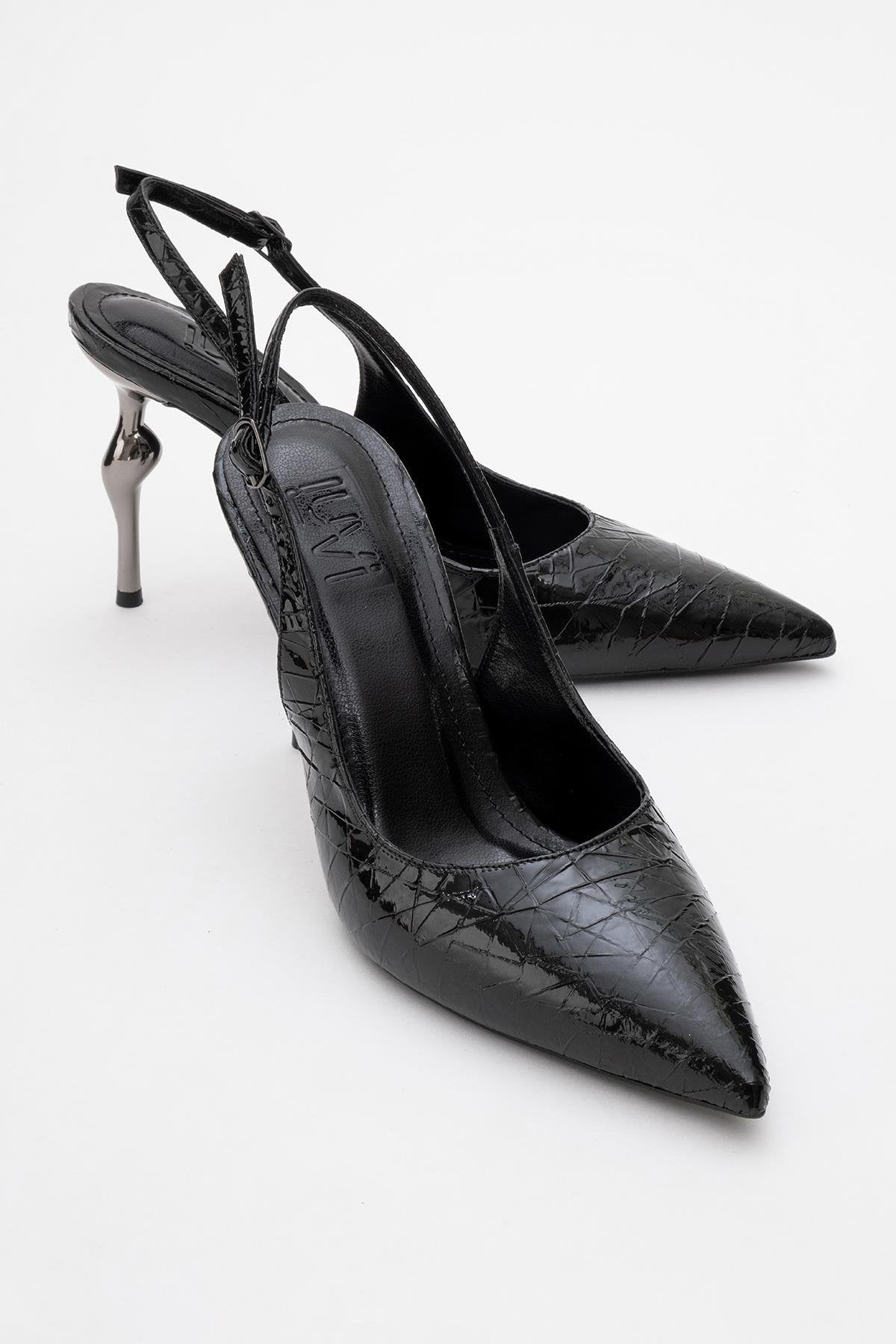 Chica - Black Patterned Backless Pointed High Heel – front three-quarter view showing leather, metallic, black, Vowalisse