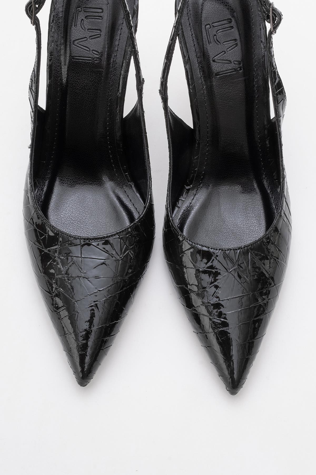 Chica - Black Patterned Backless Pointed High Heel – side view showing leather, metallic, black, Vowalisse