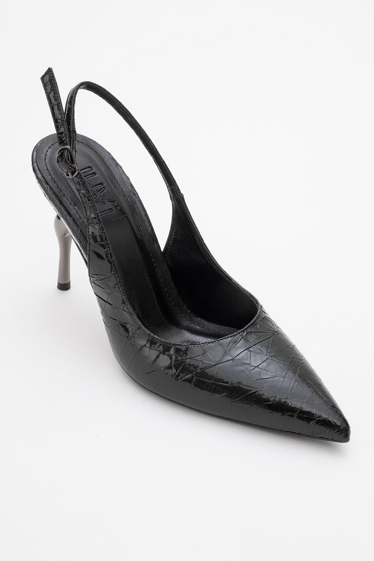Chica - Black Patterned Backless Pointed High Heel – detail view showing leather, metallic, black, Vowalisse