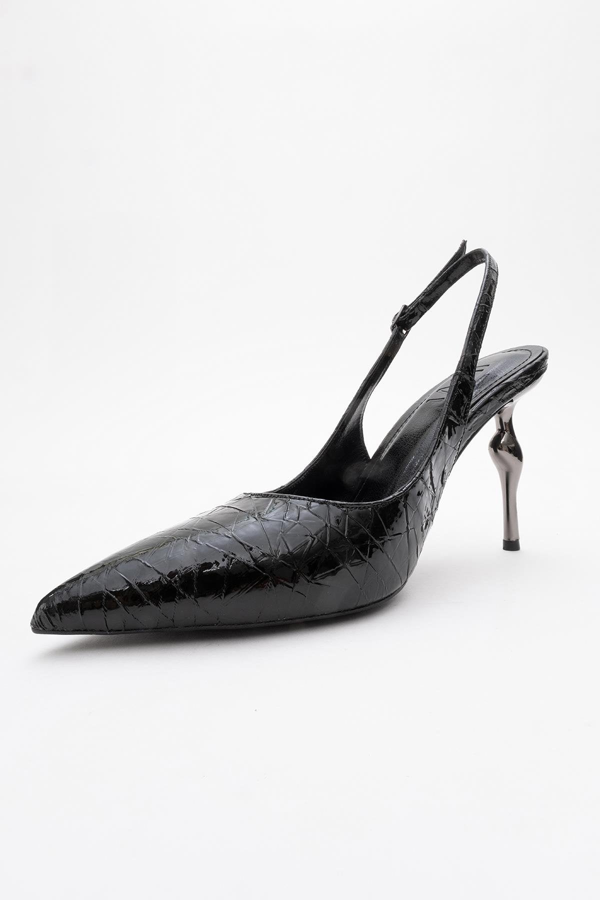 Chica - Black Patterned Backless Pointed High Heel – heel view showing leather, metallic, black, Vowalisse