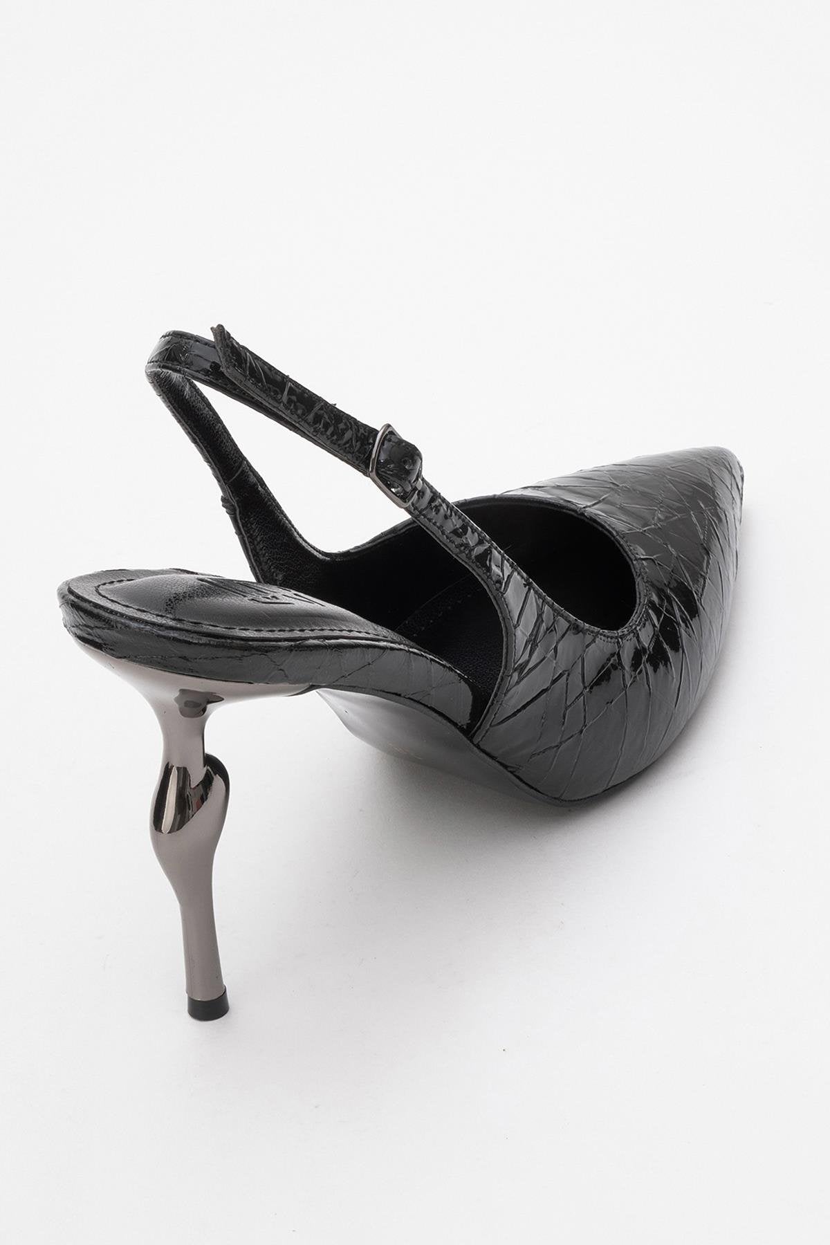 Chica - Black Patterned Backless Pointed High Heel – back view showing leather, metallic, black, Vowalisse