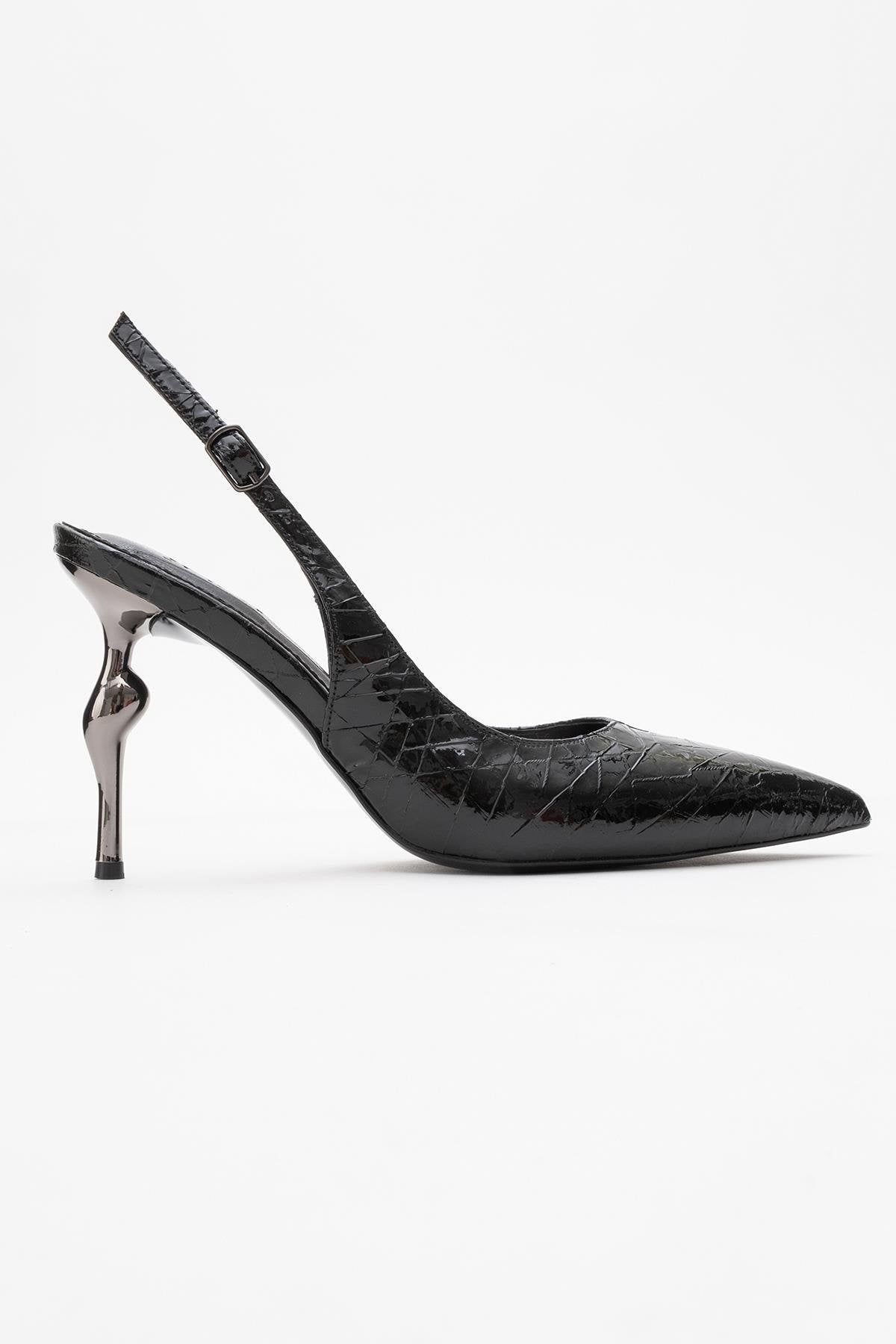 Chica - Black Patterned Backless Pointed High Heel – top view showing leather, metallic, black, Vowalisse