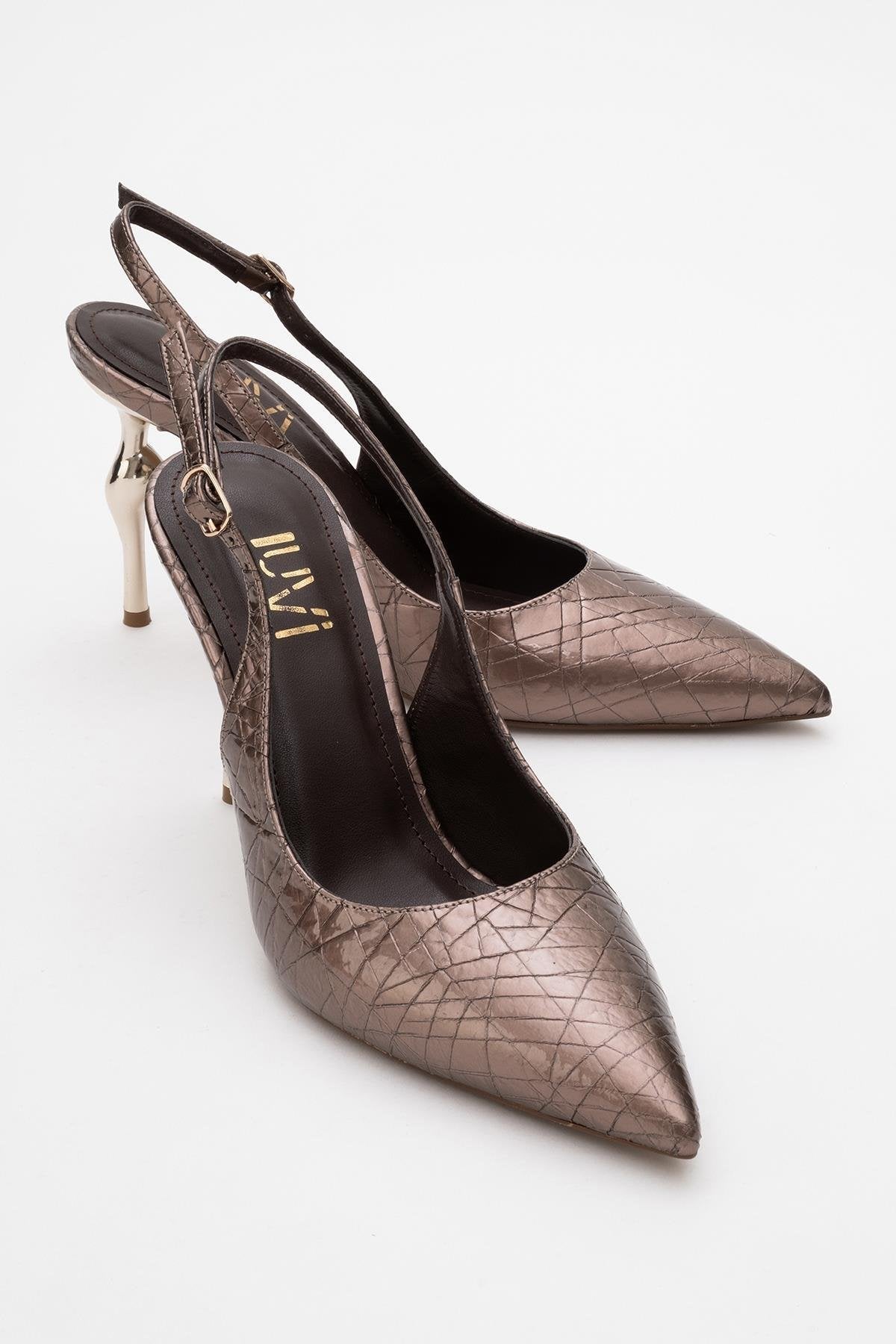Chica - Bronze Patterned Backless Pointed High Heel – front three-quarter view showing leather, metallic, Vowalisse