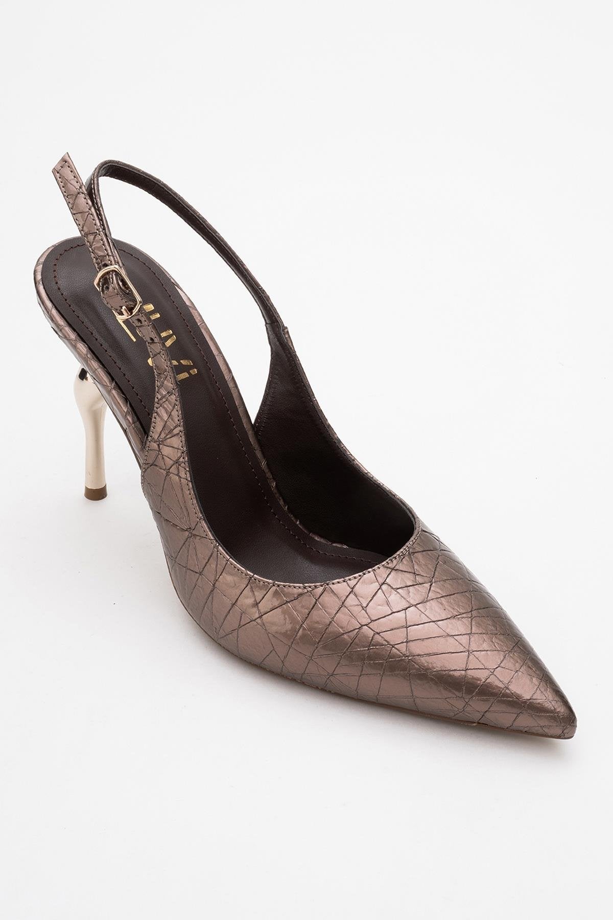 Chica - Bronze Patterned Backless Pointed High Heel – detail view showing leather, metallic, Vowalisse
