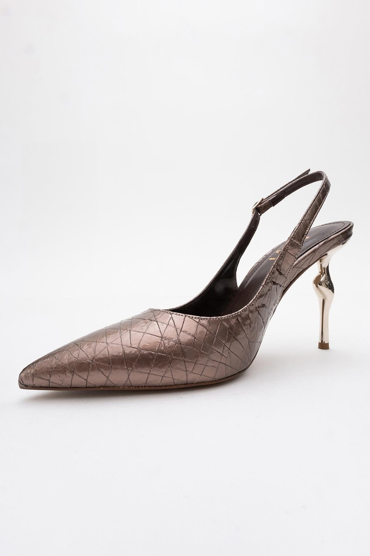 Chica - Bronze Patterned Backless Pointed High Heel – heel view showing leather, metallic, Vowalisse