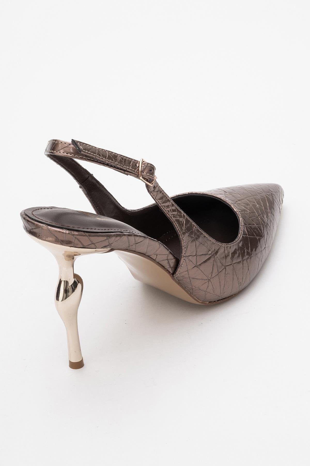 Chica - Bronze Patterned Backless Pointed High Heel – back view showing leather, metallic, Vowalisse