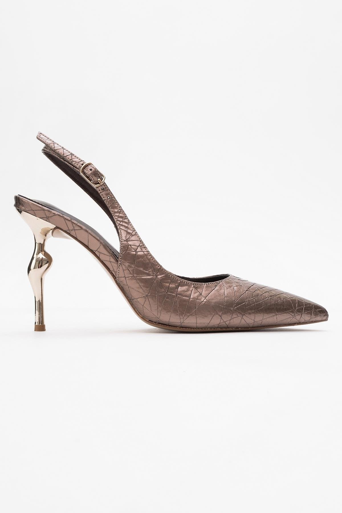 Chica - Bronze Patterned Backless Pointed High Heel – top view showing leather, metallic, Vowalisse