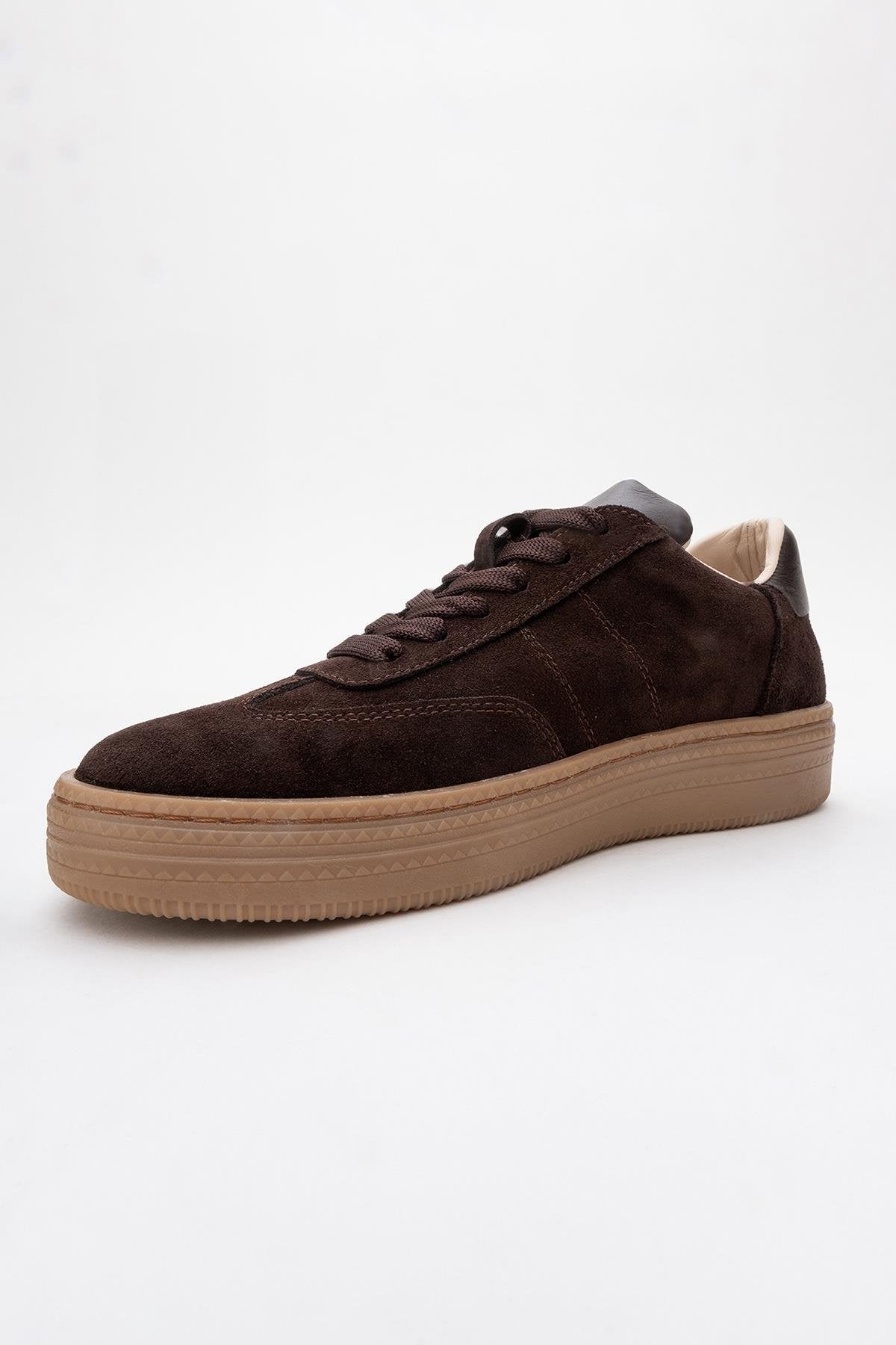 Fiore - Brown Leather Sneakers – heel view showing leather, red, Vowalisse