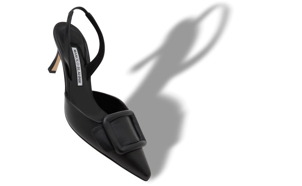 Anastasia Dawn Black Slingback Slingbacks – front three-quarter view showing black slingback, pointed toe, nappa leather…