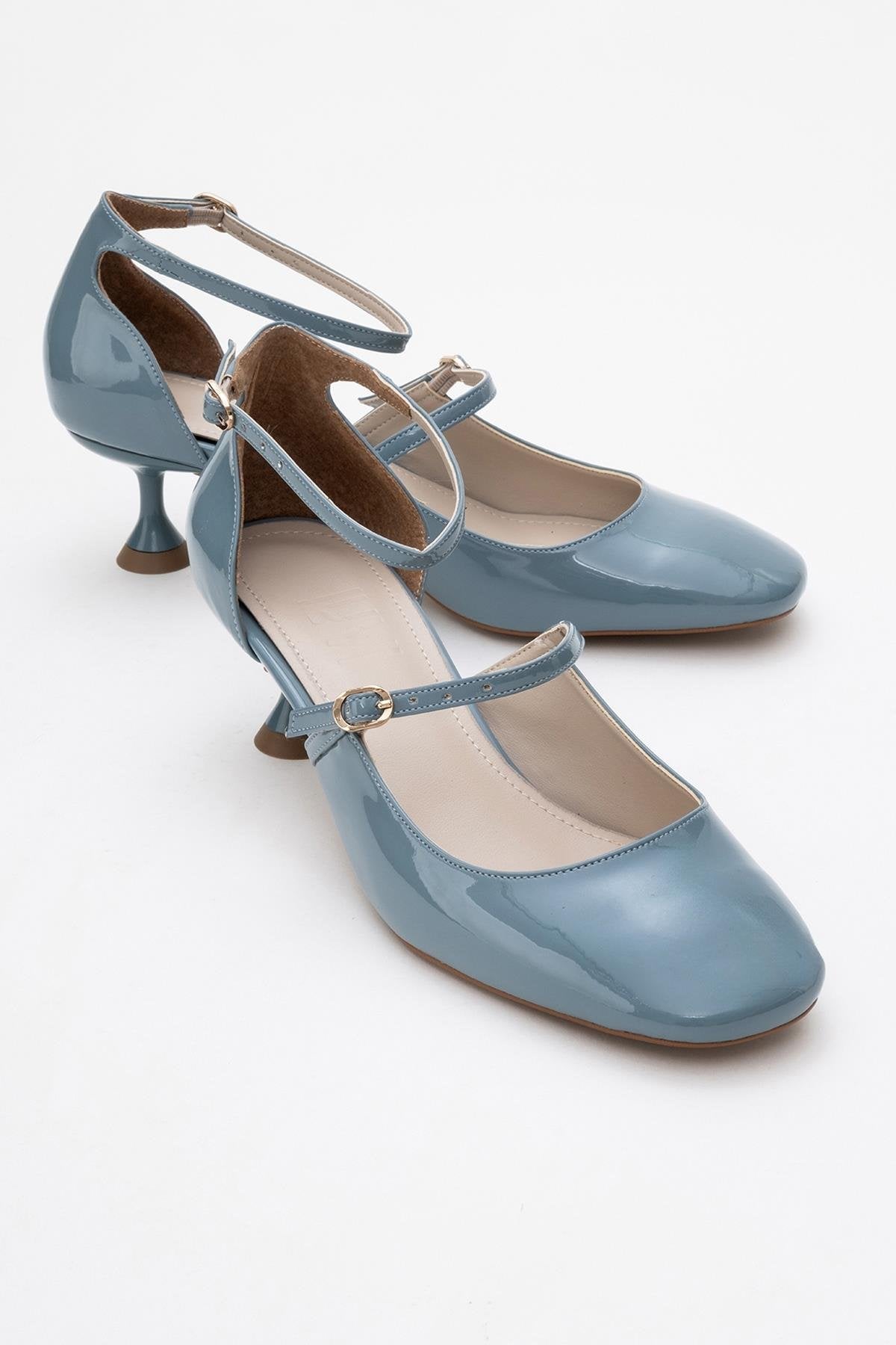 Emly - Blue Patent Round Toe Low Heel Shoe – front three-quarter view showing leather, blue, red, Vowalisse