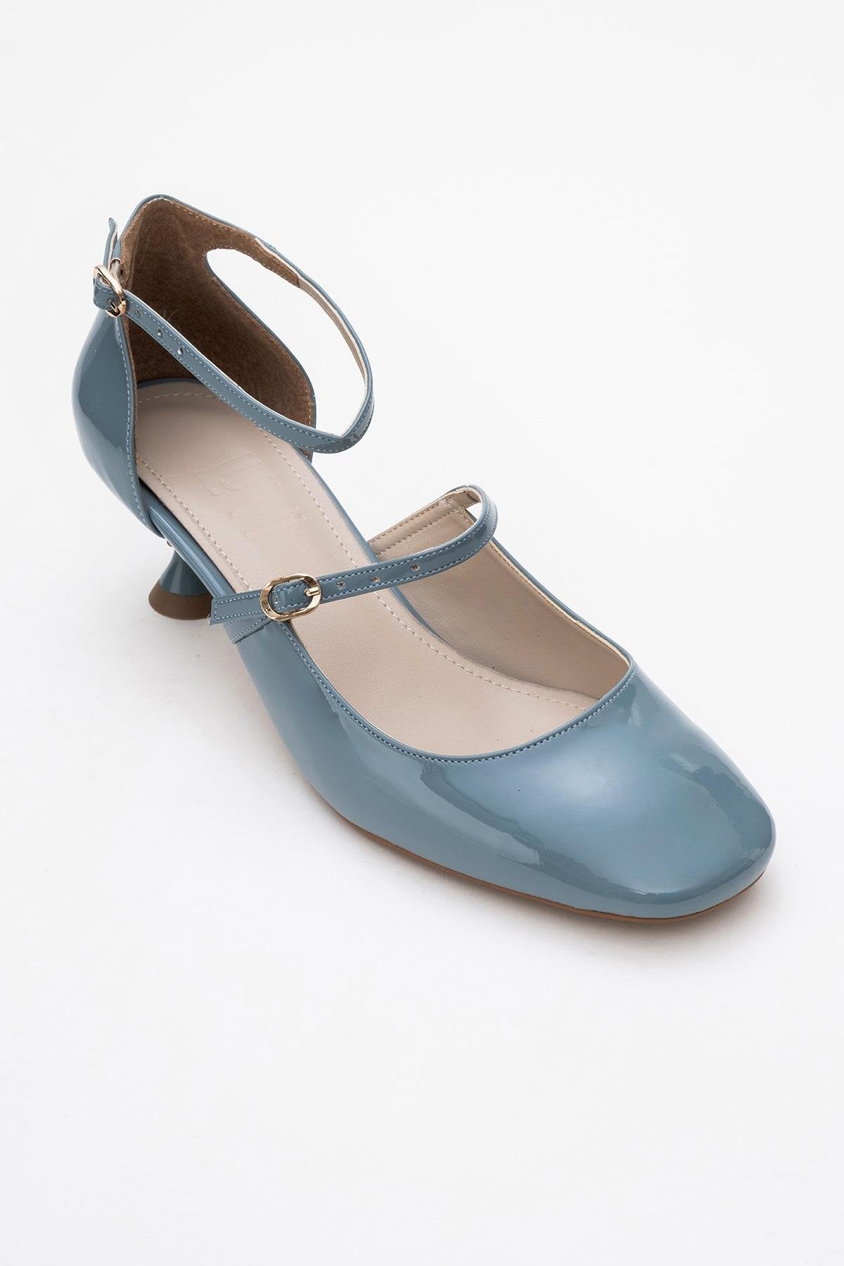 Emly - Blue Patent Round Toe Low Heel Shoe – detail view showing leather, blue, red, Vowalisse