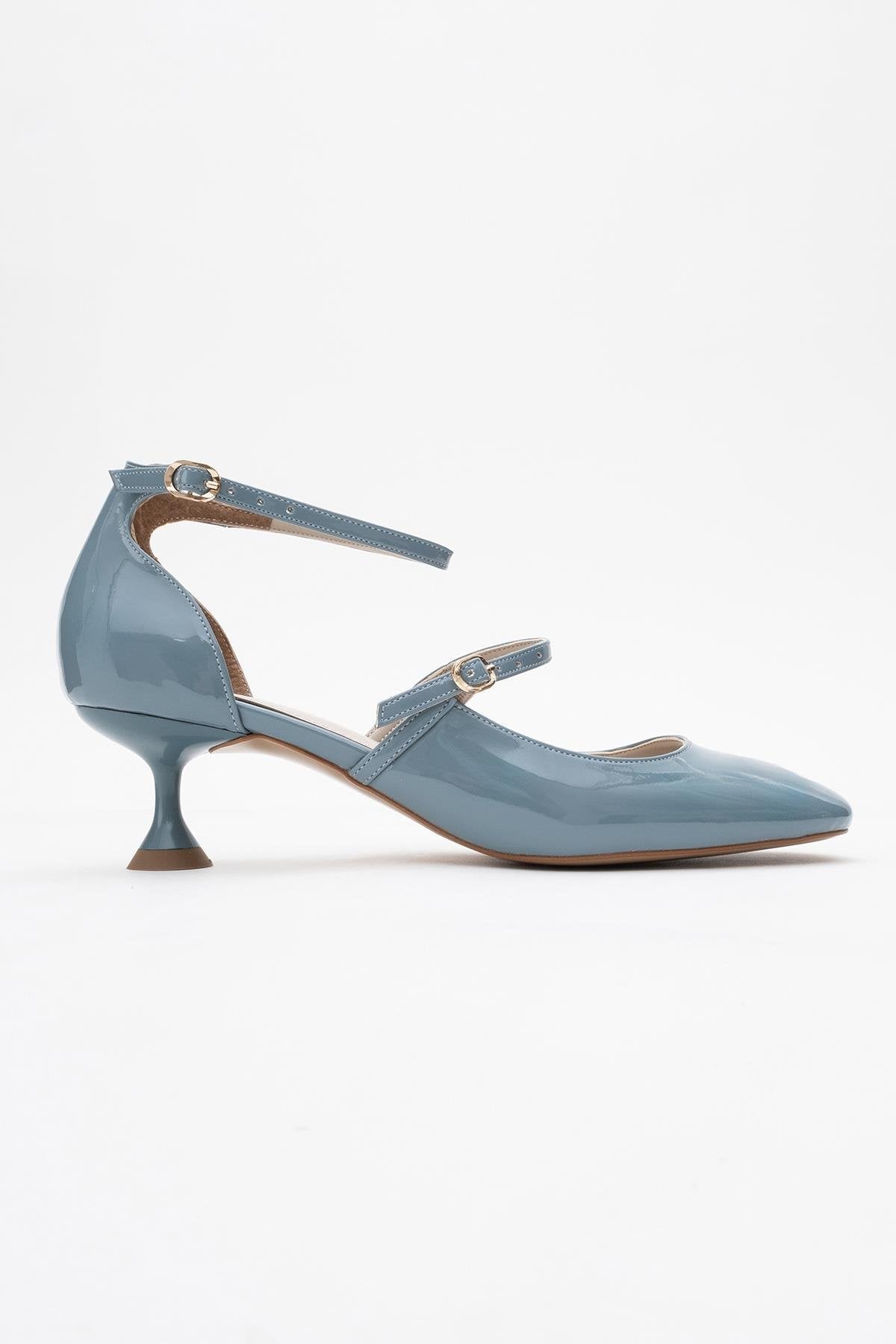 Emly - Blue Patent Round Toe Low Heel Shoe – top view showing leather, blue, red, Vowalisse