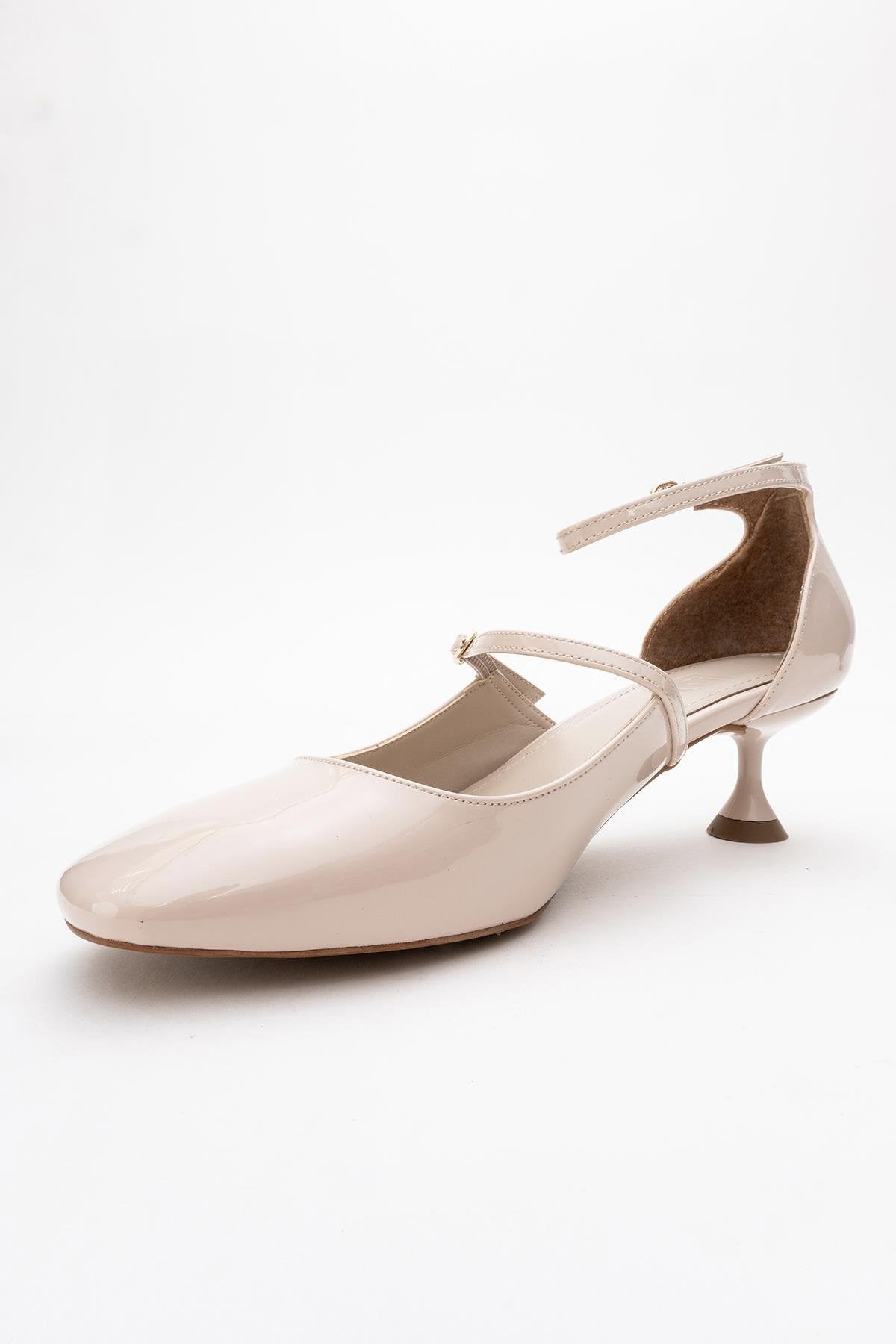 Emly - Off-White Square Toe Low Heel Shoe – heel view showing leather, white, Vowalisse