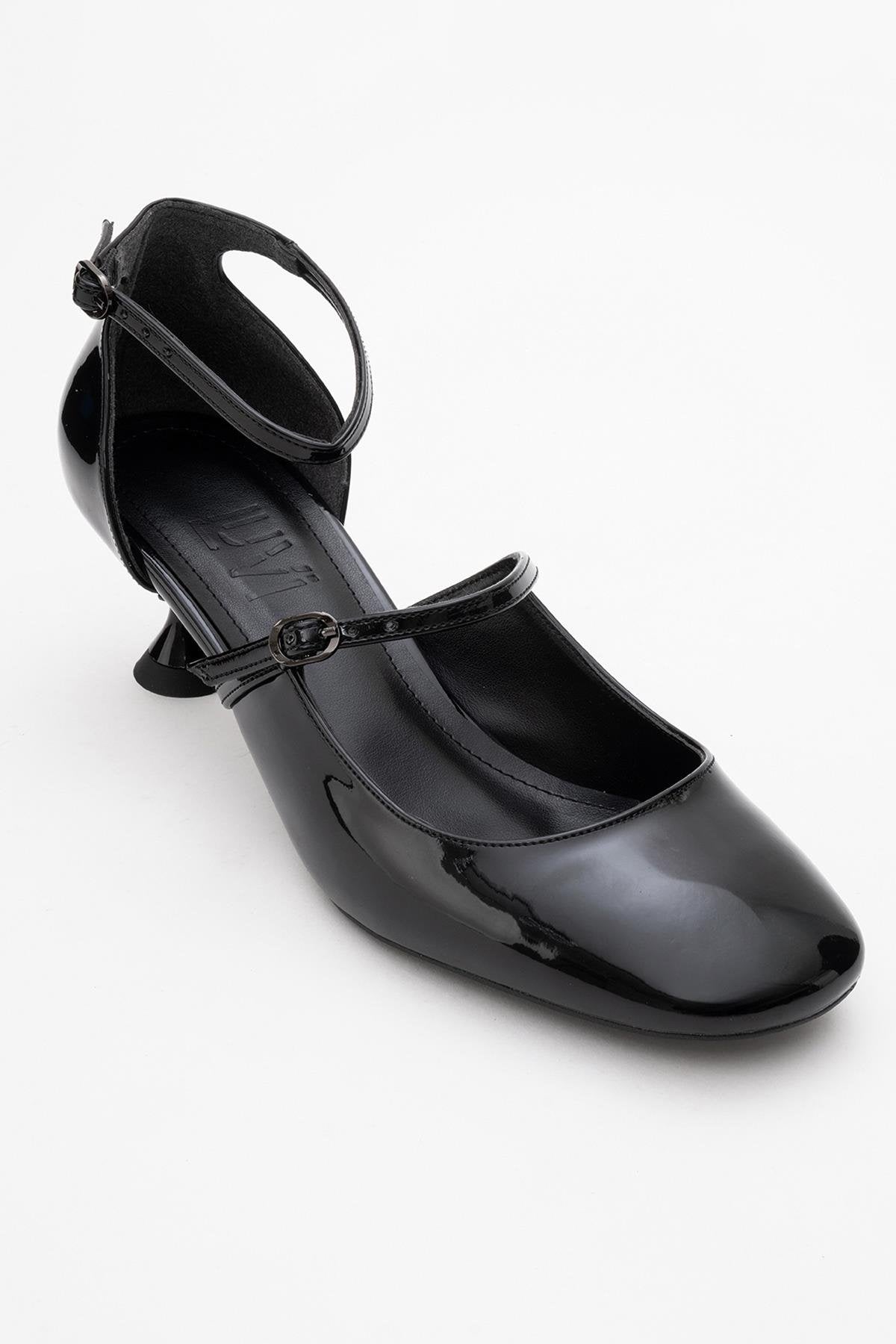 Emly - Black Square Toe Low Heel Shoe – detail view showing leather, black, red, Vowalisse