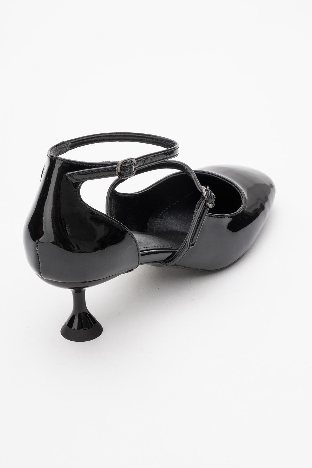Emly - Black Square Toe Low Heel Shoe – back view showing leather, black, red, Vowalisse